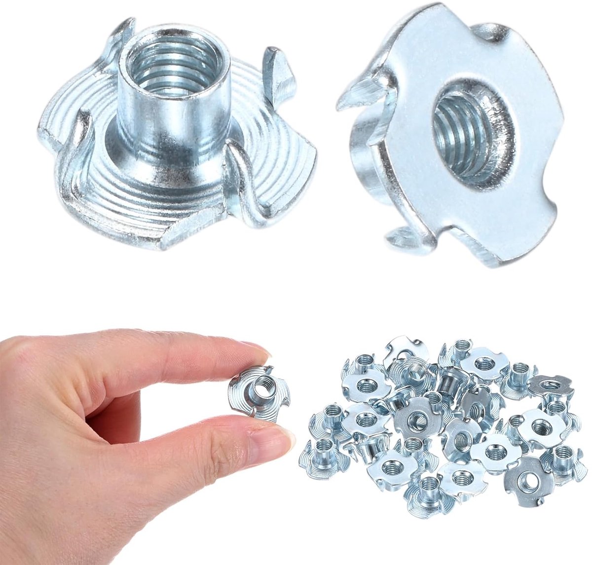 SnelShoppen - 100 stuks T-groeven M6 x 9 mm T-moeren van koolstofstaal met 4 klauwen, corrosiebestendige schroefdraadinzetstukken voor hout, meubels,