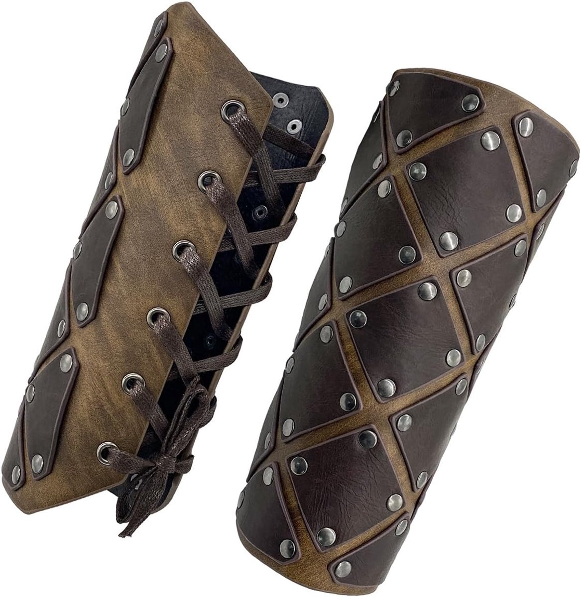 SnelShoppen - 2 Stuks Middeleeuwse Armbeschermers van Imitatieleer, Vintage Renaissance Ridderarmbeschermers, Verstelbare Lichtbruine PU-Pantsering vo