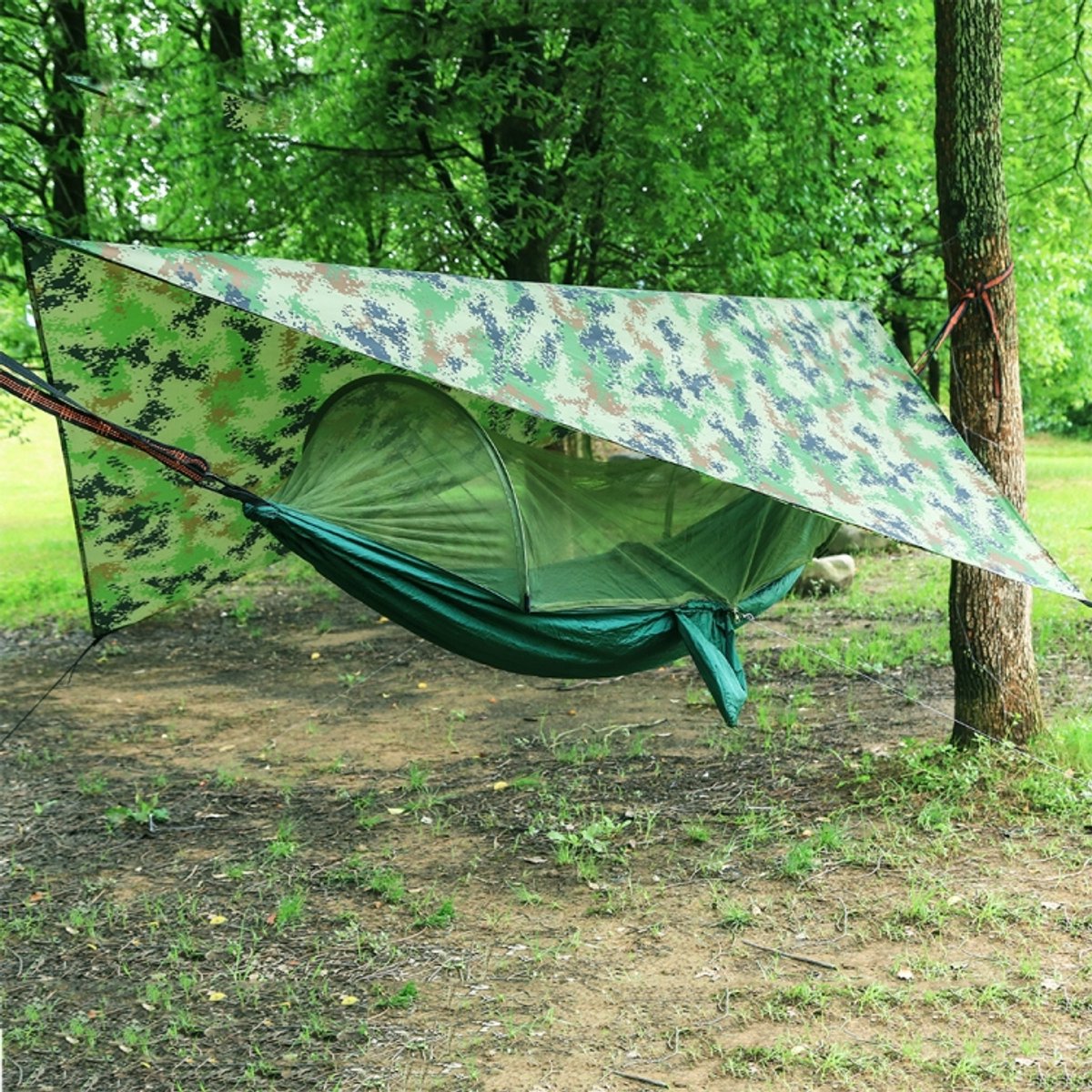 250 x 120 cm anti-muggen hangmat en zeilset waterdicht zonnescherm kampeerbenodigdheden (donkergroen + camouflage)