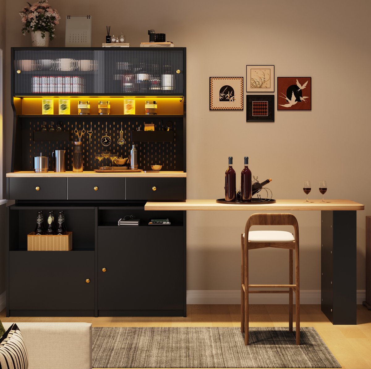 STILVORA Dressoir - Hoge Kast Met Bureau En Ledverlichting - Voor Woonkamer En Eethoek - MDF Glas Metaal - 137x74x177,7 Cm - Zwart
