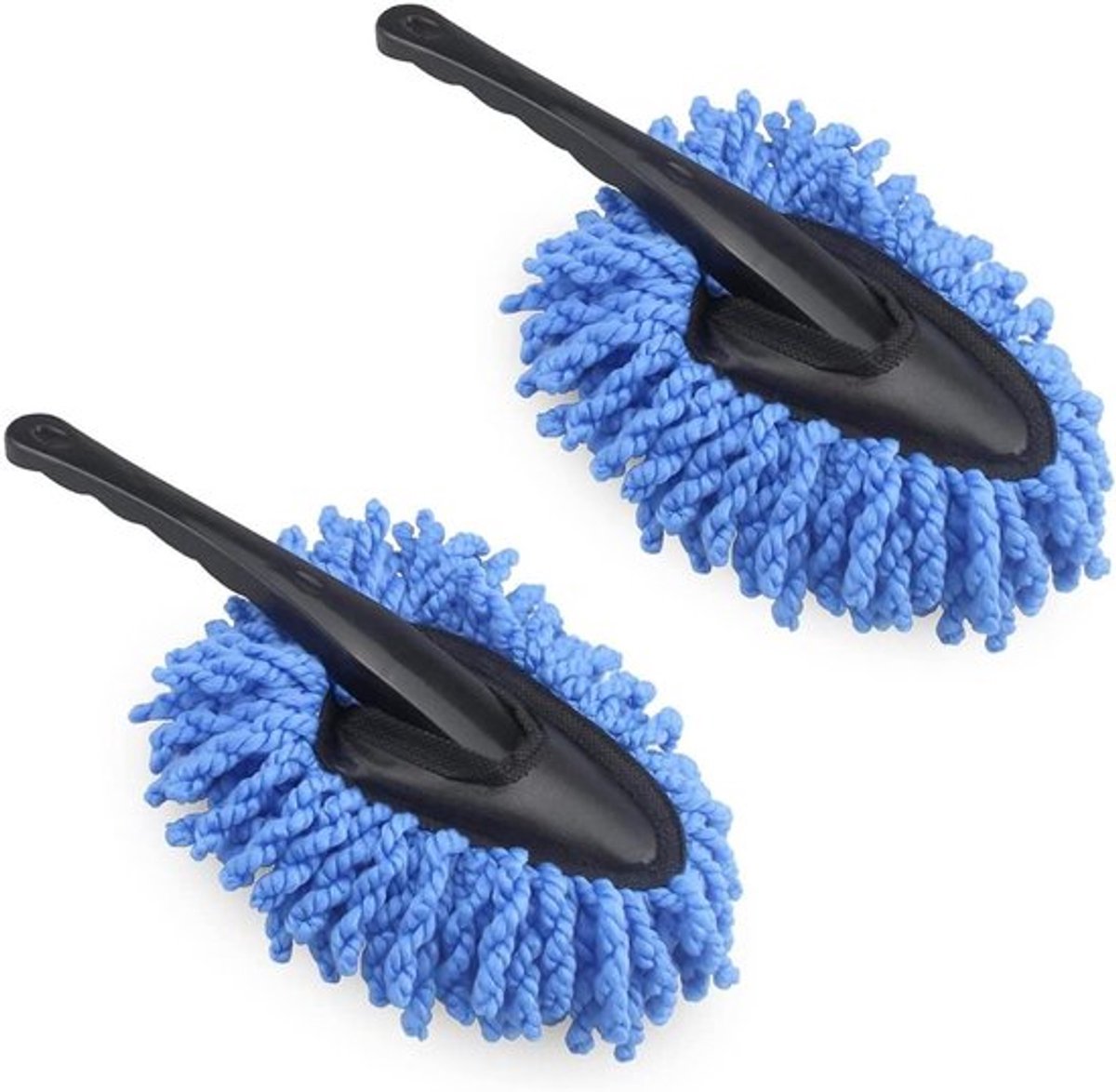 Set van 2 microvezel auto schoonmaakborstels met handvat in blauw, ideaal voor snel en eenvoudig stofvrij maken van je auto, compact en universeel inzetbaar
