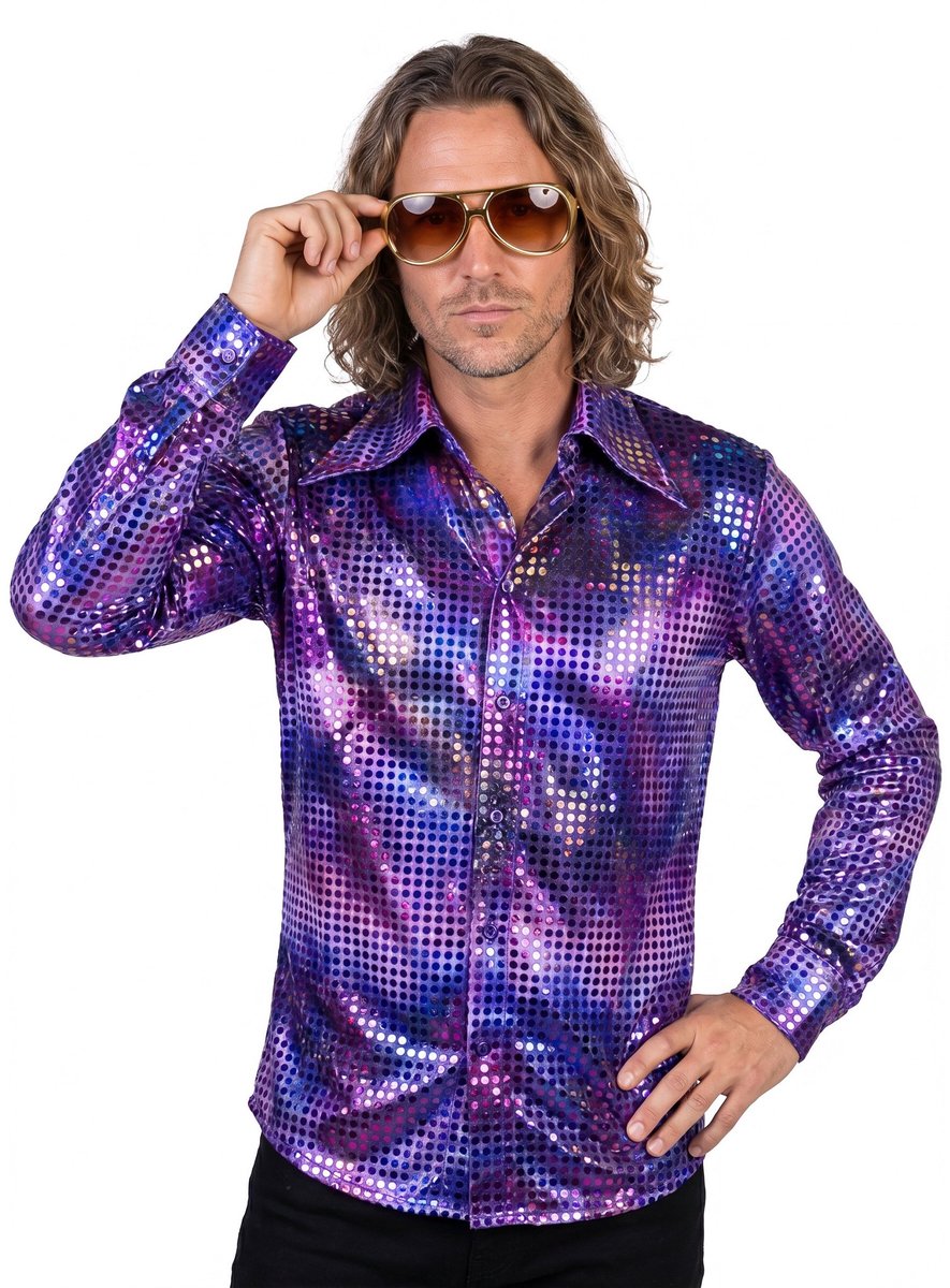 Overhemd Disco - Heren Blouse - Disco 80/90 - Hippie - Carnaval - Verkleedkleding - Paars - Maat XL