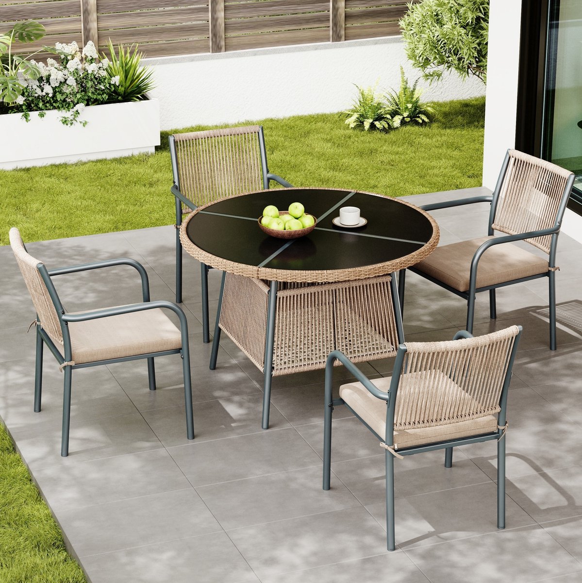 FloraGrace Tuinset - 5-Delige Ronde Eettafel Met 4 Fauteuils En Kussens - Voor Terras Balkon En Tuin - IJzer Glas Grijs - 110x110x74 Cm