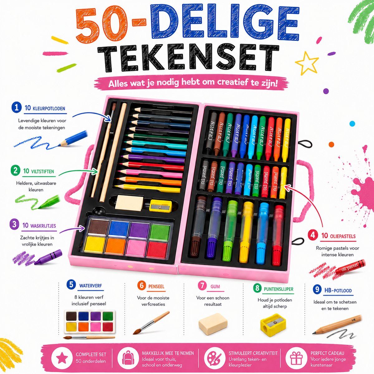 Benza – Teken- en Kleurset Meisjes 50-delig – Roze Tekendoos met Kleurpotloden, Viltstiften, Waskrijtjes, Oliepastels en Waterverf