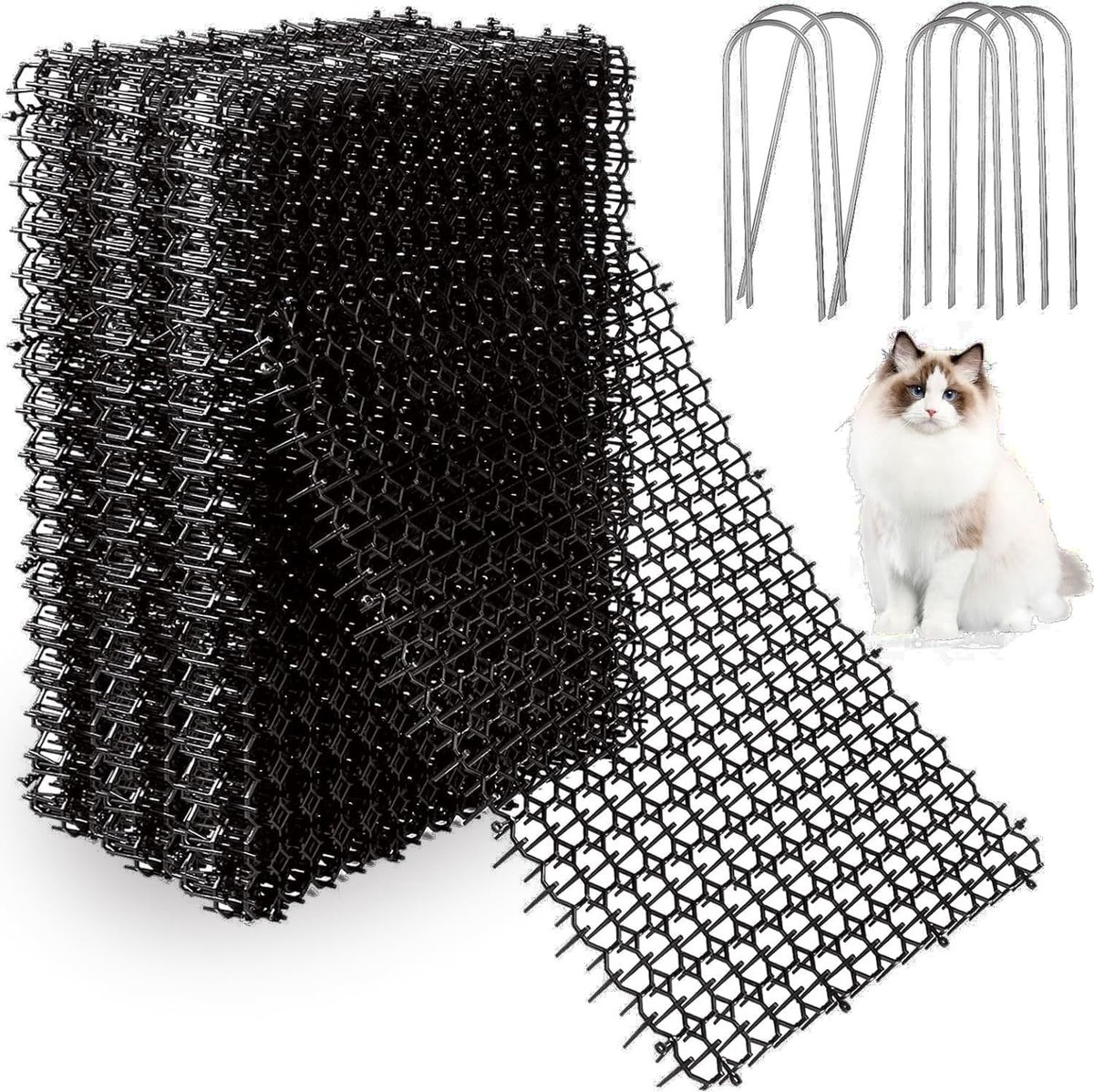 16 Stuks PP Anti-Kat Spikes, Kat Afschrikmat 20 x 40 cm met 8 U-Vormige Grondpennen, Bescherming voor Tuin, Balkon en Bloembedden, Zwart