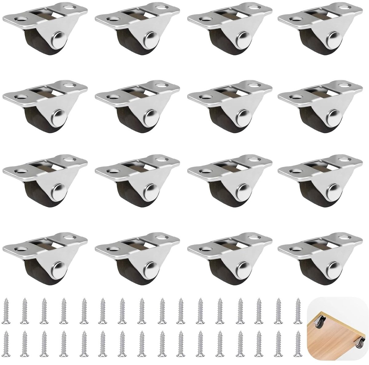 Kleine rubberen meubelwielen met stalen bovenplaat, 16 stuks, 1,2 cm, stille en duurzame loopwielen voor meubels en apparaten met 32 schroeven