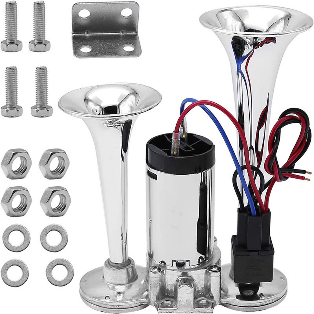 12V dubbele metalen luchthoorn set hoog laag toon, chroom afwerking luchtcompressor incl. montagemateriaal, geschikt voor auto, motorfiets, camper en kleine vrachtwagen, luid krachtig signaalhoorn