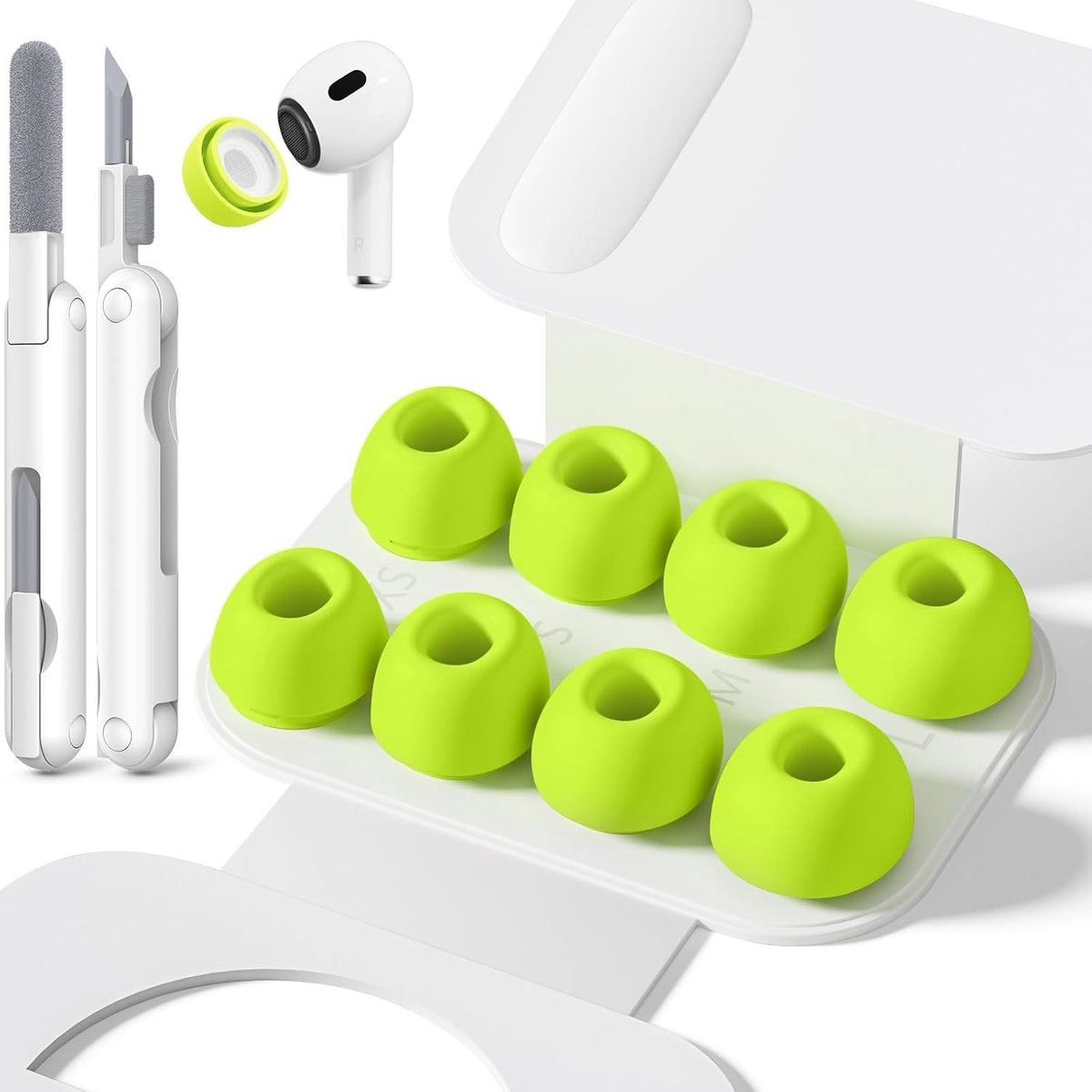 Vervangende Oordopjes met Geluidsisolatie en Reinigingsset, 4 Paar in Fluorescerend Groen, Geschikt voor AirPods Pro, Inclusief Opbergtas en 4 Maten (XS/M/L)