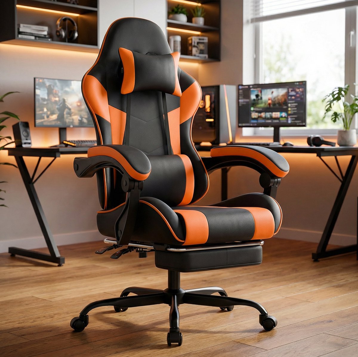DESMIU Gamingstoel 63 x 62 x 121-131 cm - Ergonomisch Met Lendensteun En Verstelbare Rugleuning - Voor Kantoor En Gaming - Kunstleer Oranje