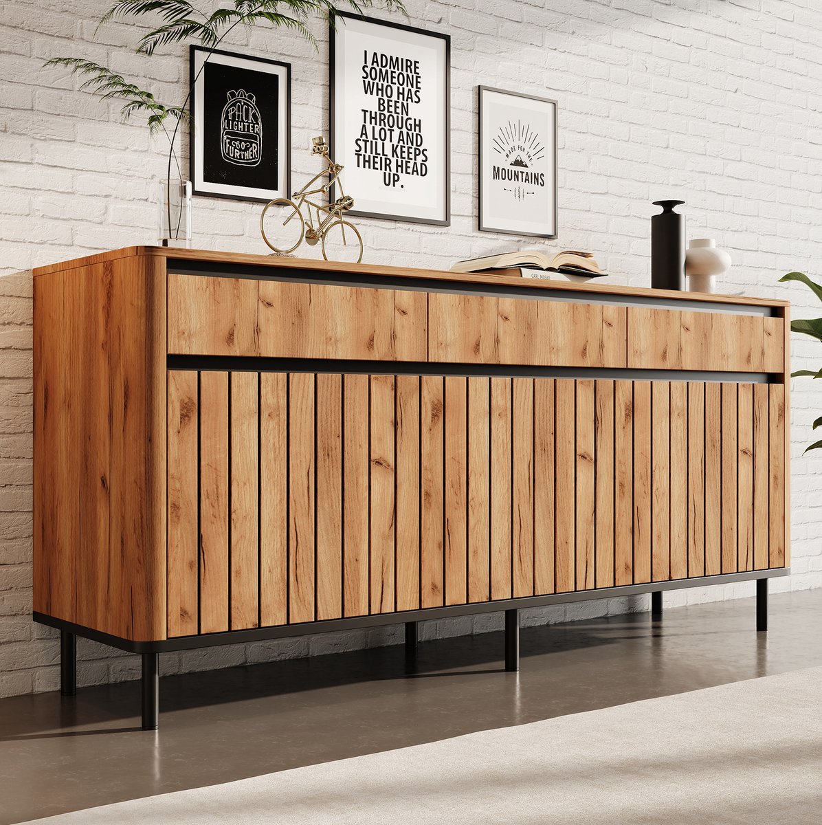 OKWISH Dressoir – 160 x 40 x 73 cm – 3 Deuren En 3 Lades – Tv Meubel En Opbergkast Voor Woonkamer Of Hal – MDF En Metaal Naturel Hout