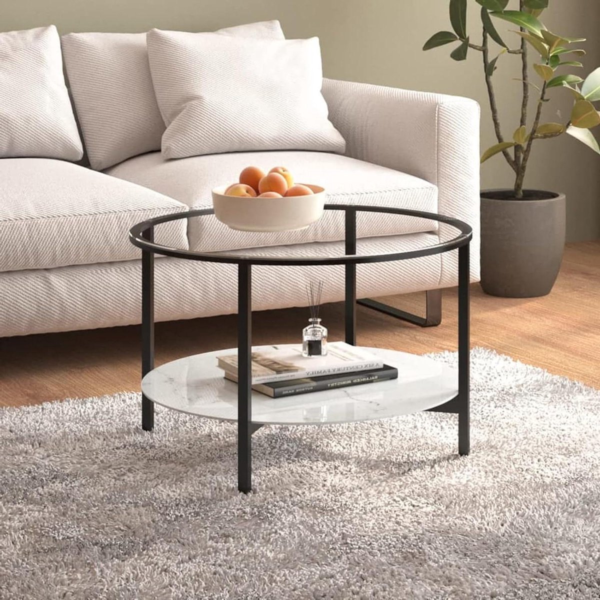 Bijzettafel Rond - Salontafel Koffietafel - Woonkamer Decoratie - Gehard Glas - 70 x 46 cm - Zwart Wit Marmerlook