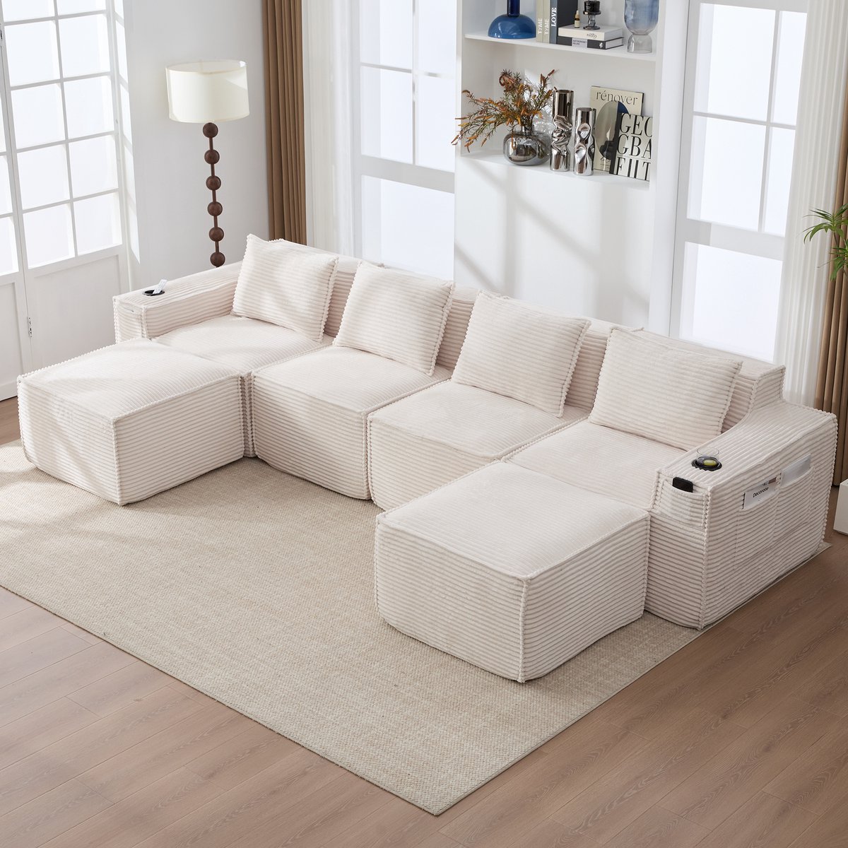 HAUSS SPOLE Zitbank - Modulaire Bankset Met 2 Hockers - Met Bekerhouders En Opbergvakken - Voor Woonkamer En Appartement - Cord Beige