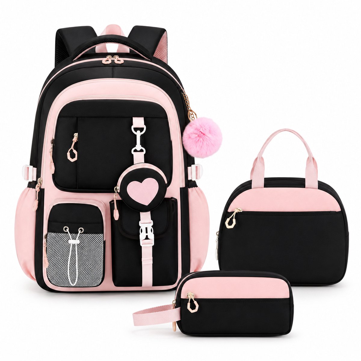 VHV - Schoolrugzak 3-delige set - met lunchtas en etui - 26L - laptopvak 15,6 inch - middelbare school - Zwart