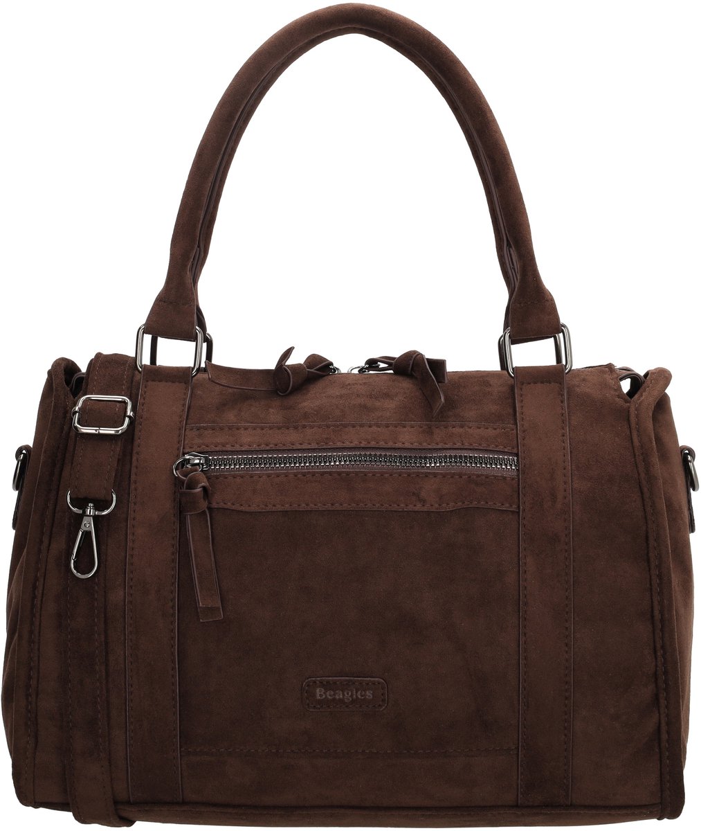 Beagles Ako Handtas - Schoudertas - Faux Suede - Dames Tas - Voor en Achterritsvak - Afneembare Schouderband - Shopper - Donkerbruin