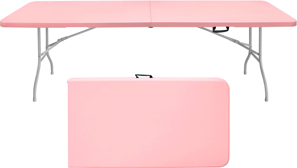 FloraGrace Picknicktafel - Opvouwbare Tuintafel Met Handgreep En Stalen Frame - Voor Camping En Feesten - Roze Kunststof - 244x76x73,6 Cm