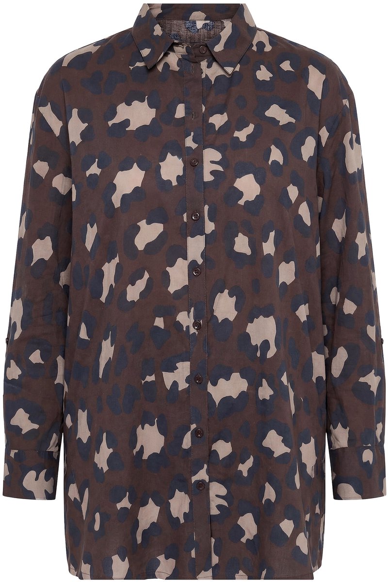 Ulla Popken - Dames - Blouse leomotief overhemdkraag lange mouw - Donkertaupe - Maat 54+