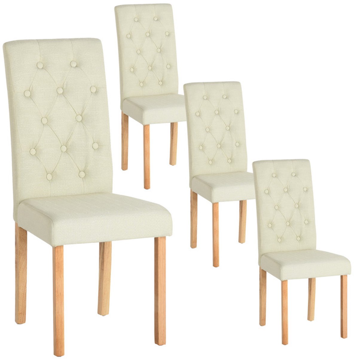 EGGREE Set van 4 eetkamerstoelen - stof met linnenlook in beige, dikke zitting & rugleuning met gestikt ruitpatroon - stevige poten van rubberhout - 43,5 x 56 x 98 cm - modern design voor eetkamer & keuken