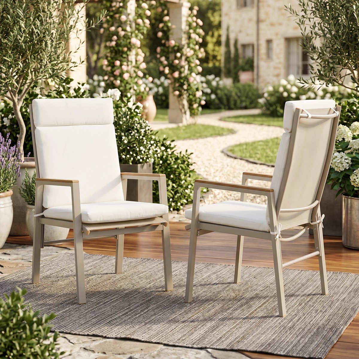 Tuinstoel Set - Buitenstoelen Met Armleuning*2 - Textileen Zitting Comfortabele Tuinmeubelen Kaki