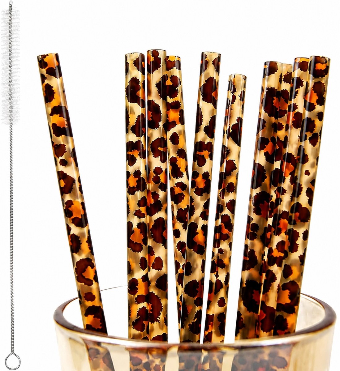 Daity 10 stuks - herbruikbare rietjes met luipaardprint, gemaakt van hard plastic, inclusief schoonmaakborsteltje. Rietjes met luipaardprint en cheetah-motief, perfect voor feestjes (bruin)