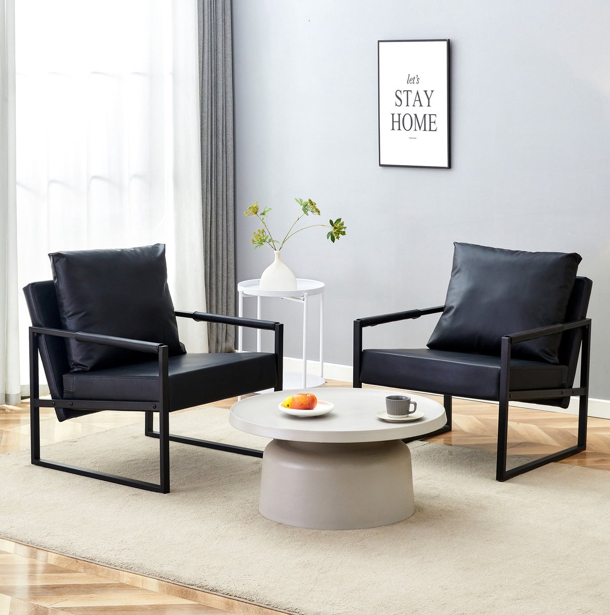 OKWISH Fauteuil 68,5 cm - Met Brede Armleuningen En Dik Gevoerde Kussens - Voor Woonkamer Slaapkamer Of Kantoor - Kunstleer Metaal - Zwart