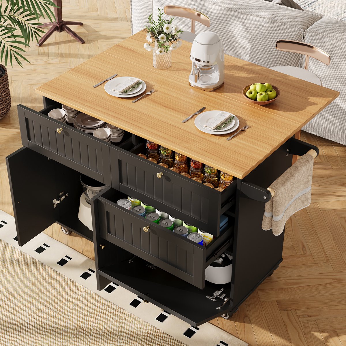 COVREO Keukeneiland 133 x 70 x 88 cm - keukenkast met opbergruimte, wielen en houtlook, zwart