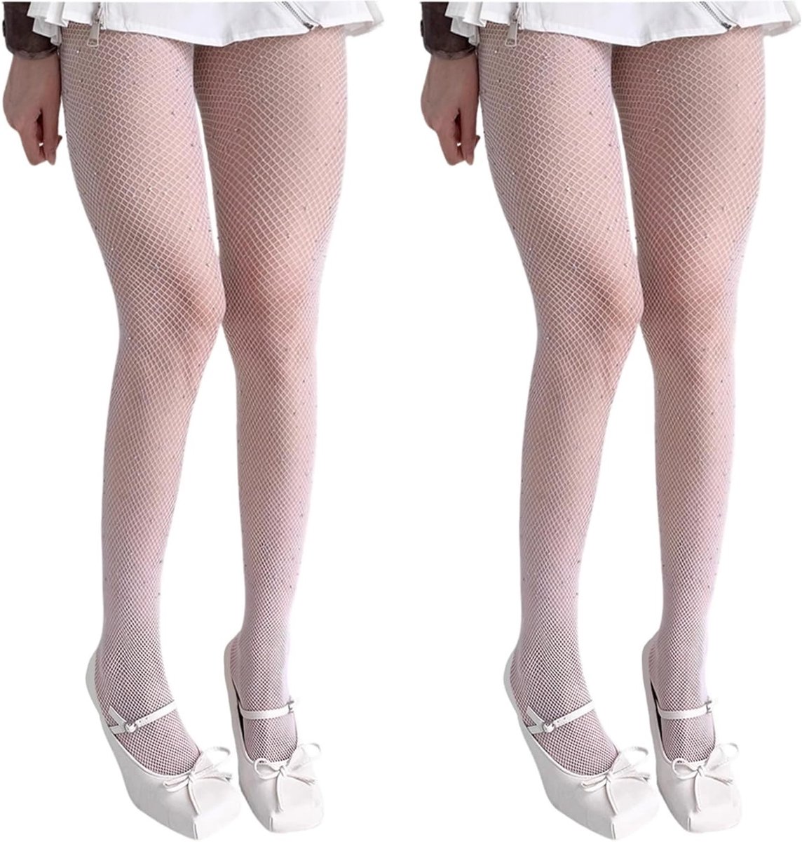 Elegante witte visnetkousen met glanzend steendessin, 2 paar elastische en comfortabele visnetkousen voor dames