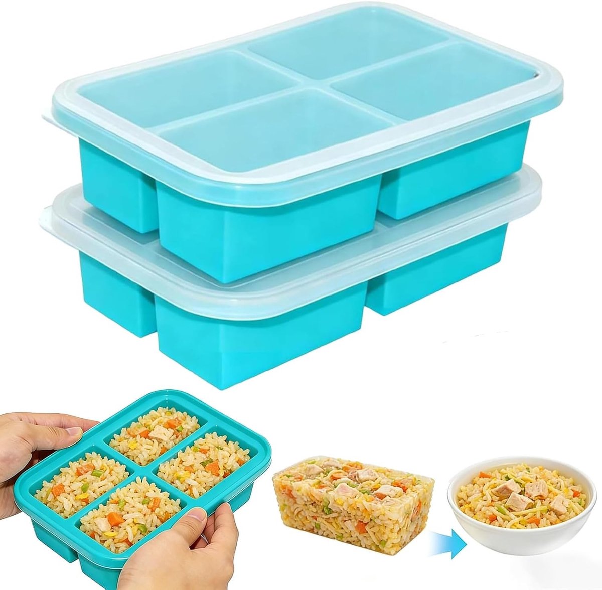 Set van 2 grote siliconen vriesvormen met deksel, BPA-vrij en stapelbaar voor soep, bouillon en sauzen