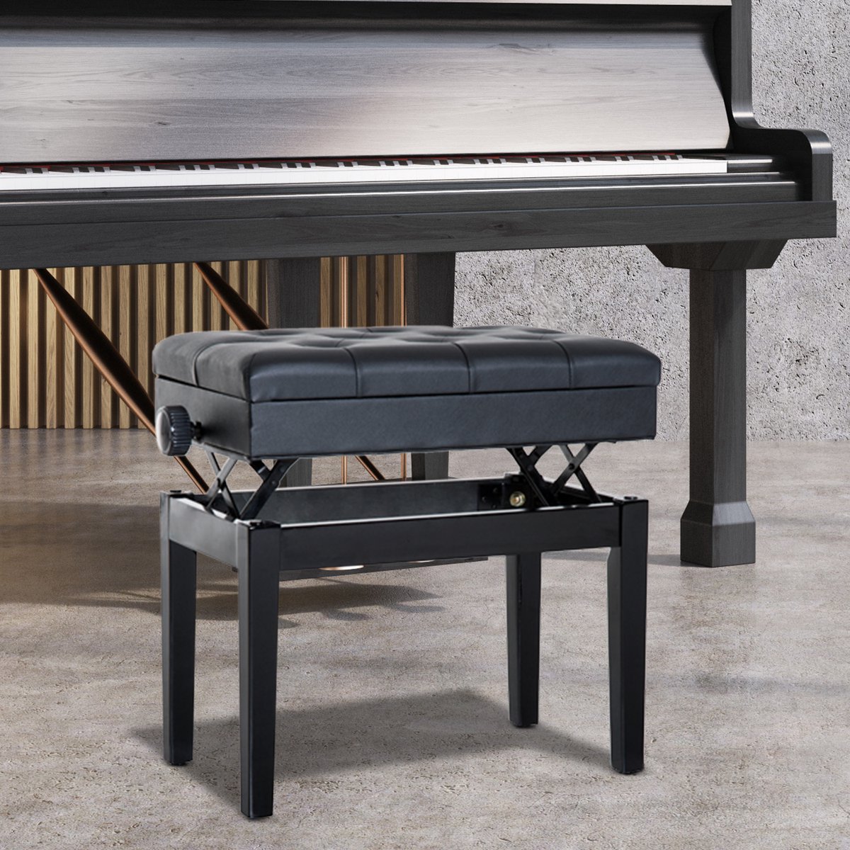 HAUSS SPOLE Pianobank - Hoogteverstelling Met Opbergruimte - Zithocker Voor Piano En Kaptafel - Hout En Kunstleer - Zwart