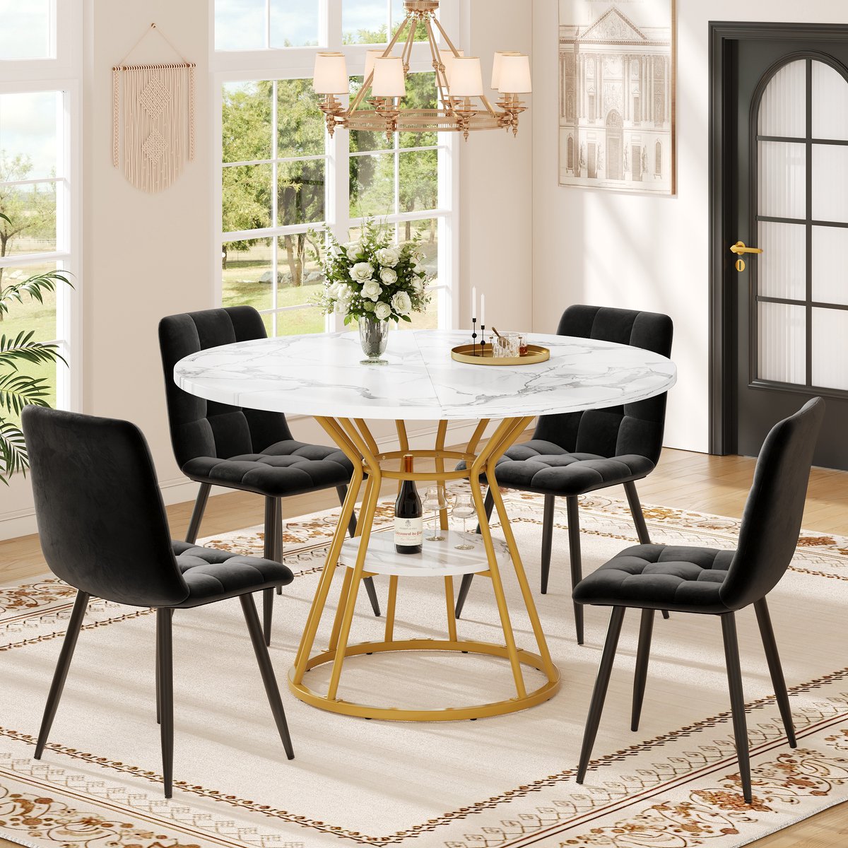 DESMIU Eettafelset 100 x 100 x 76 cm - 5-Delig Met 4 Stoelen En Opbergplank - Voor Eetkame