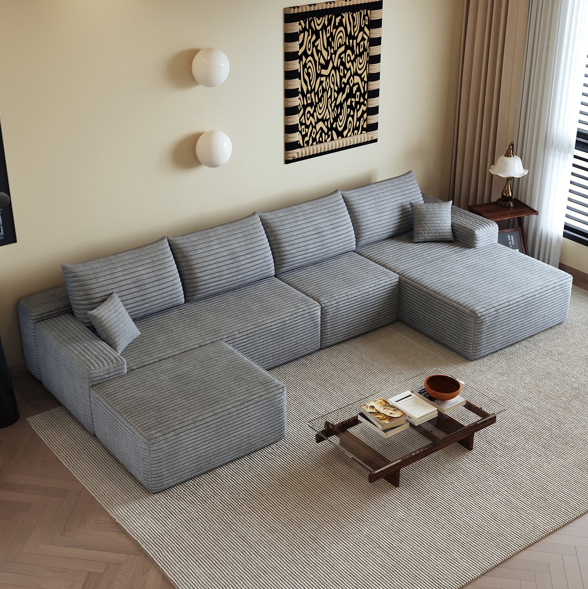 MIVRAY Hoekbank 340 Cm - Modulaire L-vorm Met Chaise Longue Zonder Montage - Voor Woonkamer Slaapkamer En Appartement - Stof Grijs