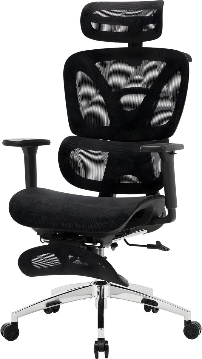 Ergonomische Bureaustoel - Hoge rug, voetsteun, dynamische lendensteun, verstelbaar hoofdsteun, 90-125° kantelbare rugleuning - Zwart