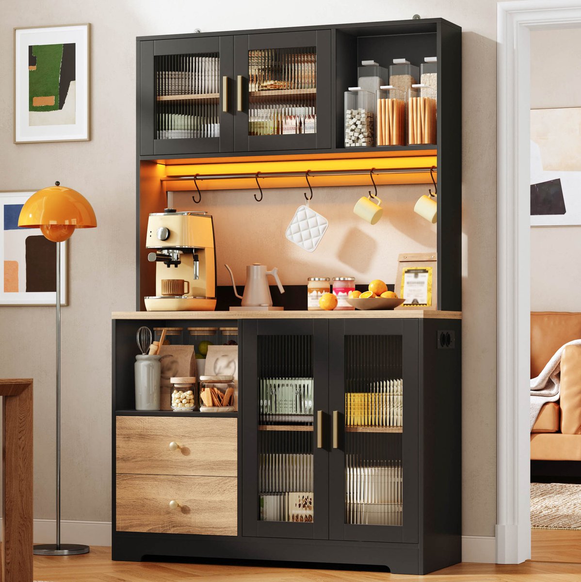 Wishdor - Keukenkast - Hoge opbergkast met LED, stopcontact en vitrinedeuren - modern voor keuken of eetkamer - houtlook en zwart - 110 x 40 x 178 cm