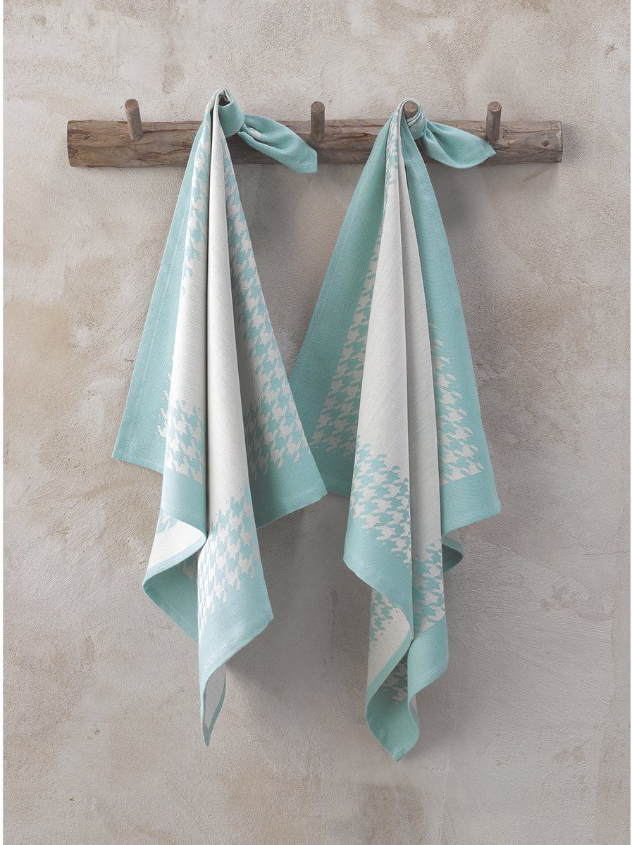 De Witte Lietaer Theedoek Pied de Poule, Aqua - 2 stuks - 65 x 65 cm - Katoen
