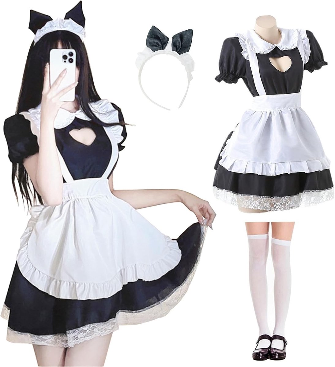 Maid Outfit met Holle Hartvorm, Anime Franse Jurk, Schattige Cosplay Dress, Zwart Kostuum met Kousen en Haarband voor Carnaval en Rollenspel