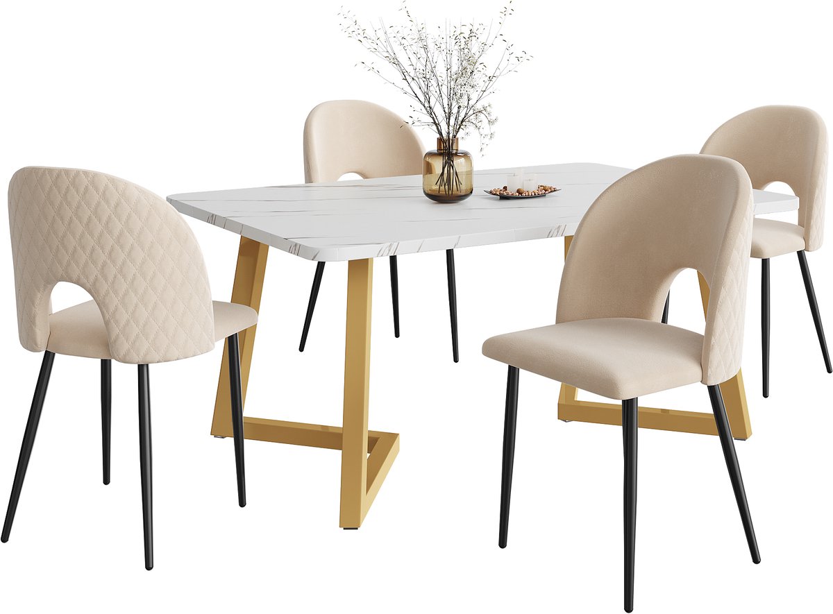 DESMIU Set Tafel En Stoelen 117 x 68 cm - Rechthoekige Eettafel Met 4 Eetkamerstoelen - Verstelbare Stoelpoten - Voor Eetkamer En Keuken - Metaal Hout Beige