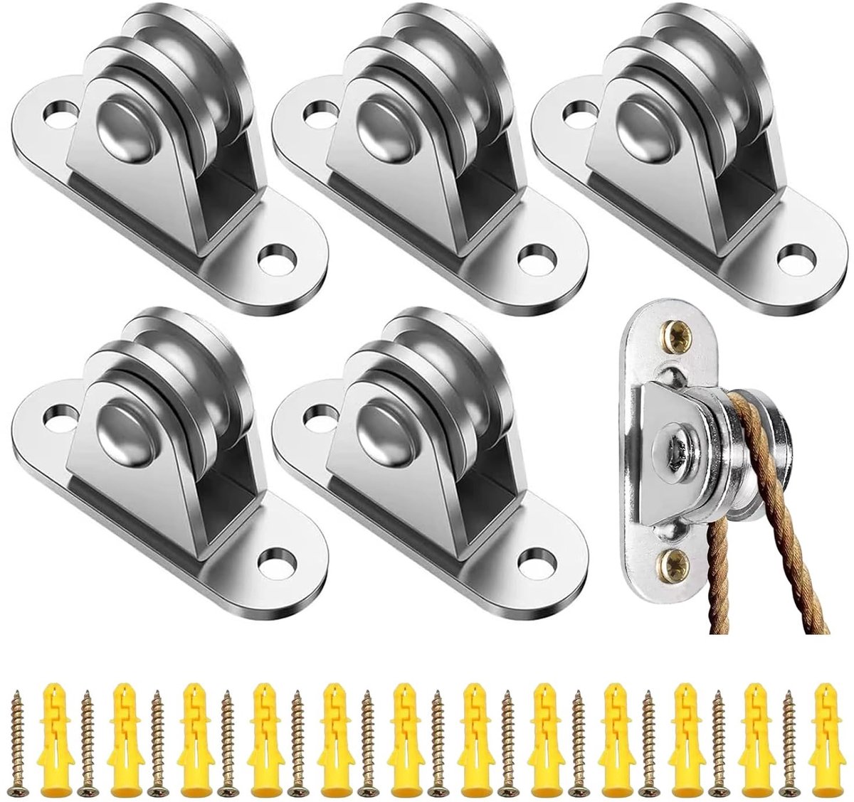 Set van 6 metalen katrollen met dubbele lagers voor touwen, inclusief schroeven en sleeves, ideaal voor kabelsystemen en hijstoepassingen