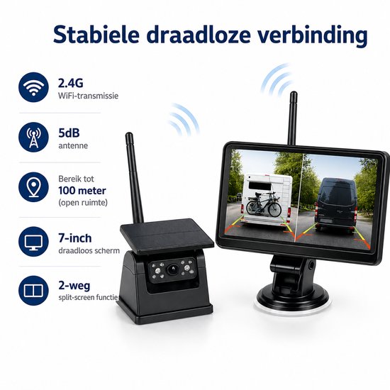 Dubbele Draadloze Magnetische Achteruitrijcamera met 7.2 Inch Display - Solar - Nachtzicht - Voor Camper, Caravan, Paardentrailer, Racetrailer en Aanhanger — afbeelding 3
