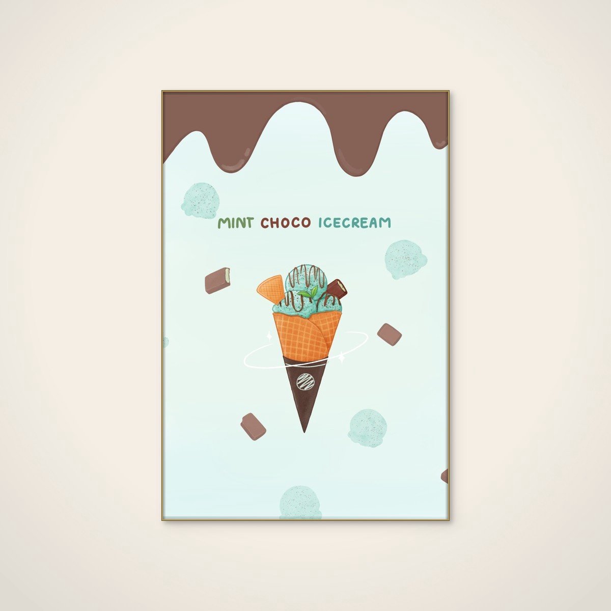 Akoestisch schilderij - 80 x 120 cm - Mint Chocolate Ice Cream Cone van Xuan Thai - Abstracte wanddecoratie - goud textielframe