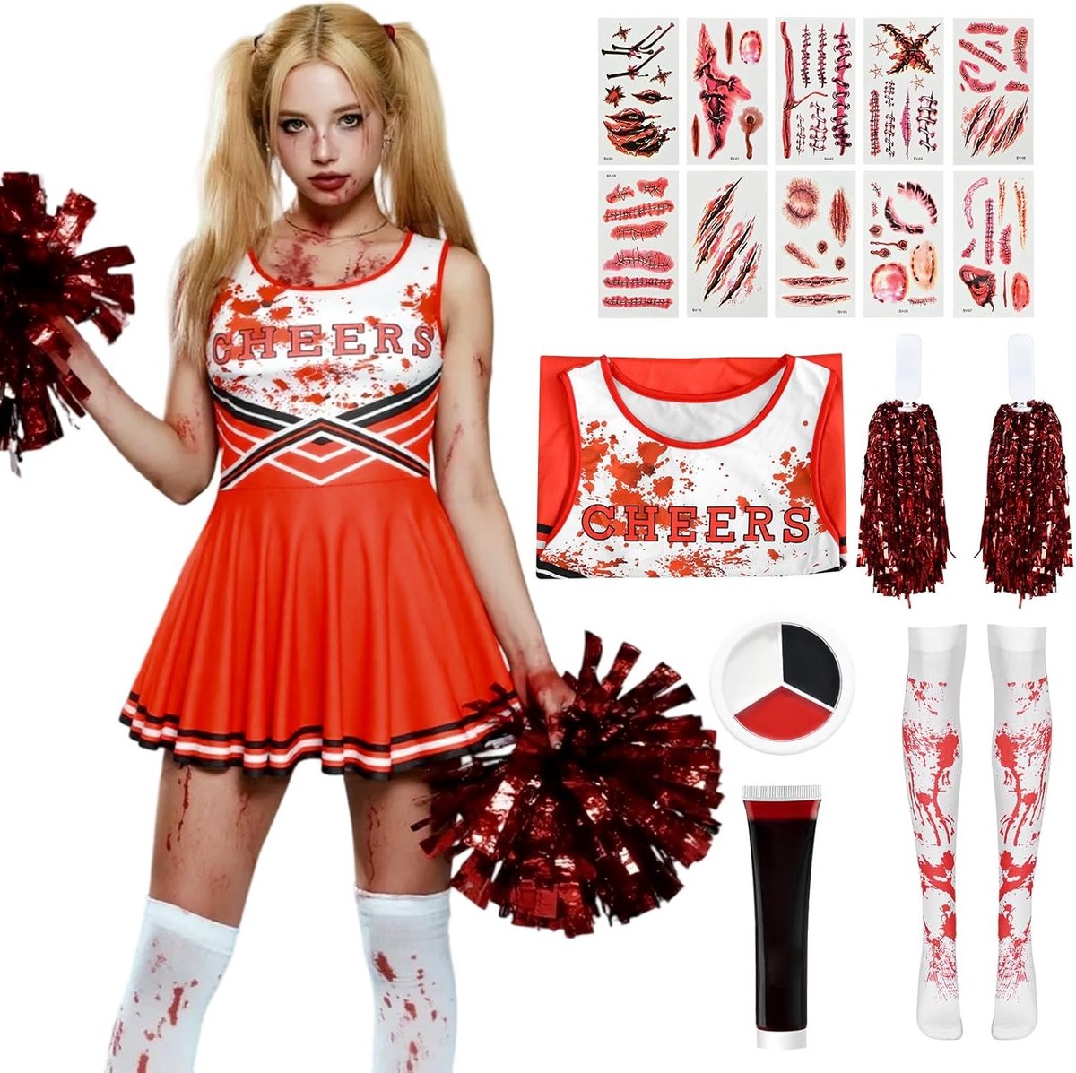 Zombie Cheerleader Kostuum voor Meisjes en Vrouwen, Compleet met Pompoms, Nepbloed, Sokken en Make-up voor Halloween en Carnaval Feestjes