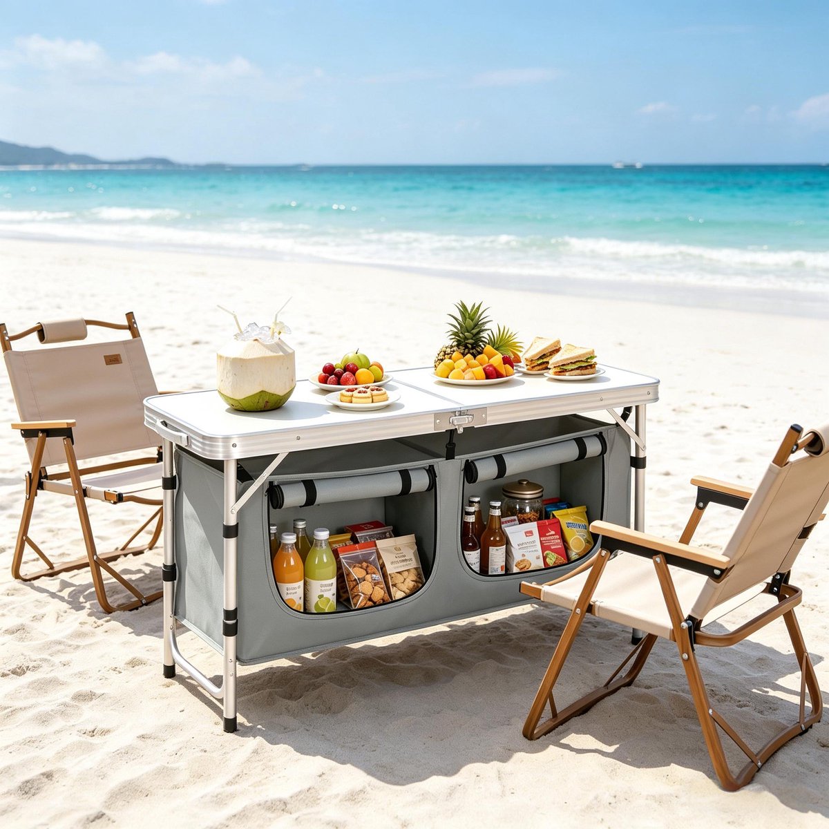 FloraGrace Picknicktafel - Opklapbare Tuintafel Met Verstelbare Poten En Opbergtas - Voor Camping En Strand - Aluminium MDF - 120x47 Cm - Grijs Wit