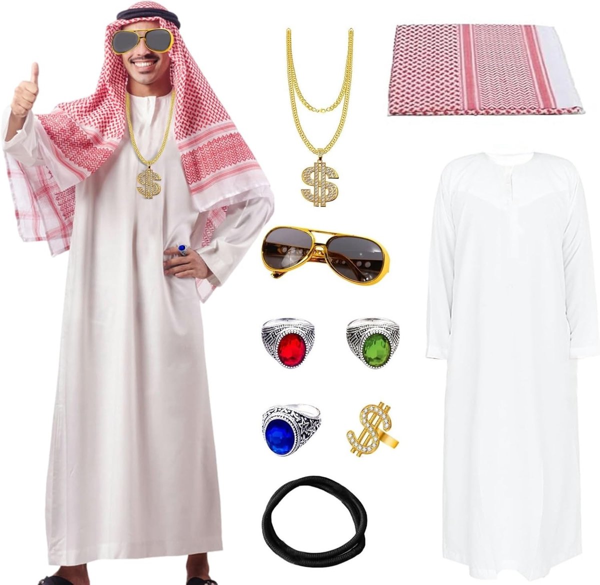 Arabisch Kostuum voor Mannen met Hoofddoek, Robe, Ring en Zonnebril - Ideaal voor Carnaval en Cosplay Feesten