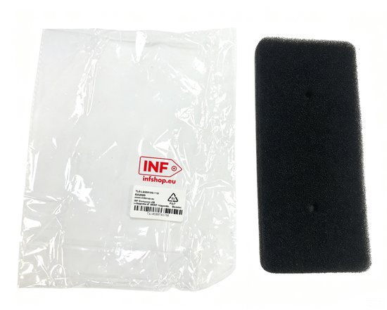 Zwart schuimfilter naast een transparante verpakking met Infoshop.eu logo.
