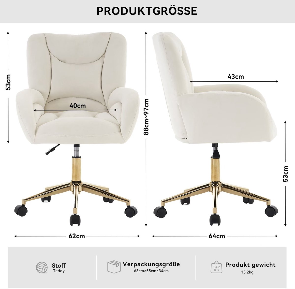 FloraGrace Bureaustoel Verstelbaar Draaibaar Met Wielen Fluweel Ivory Met Vaste Armleuningen Voor Thuiswerk En Kaptafel Met Gouden Voet thumbnail 5