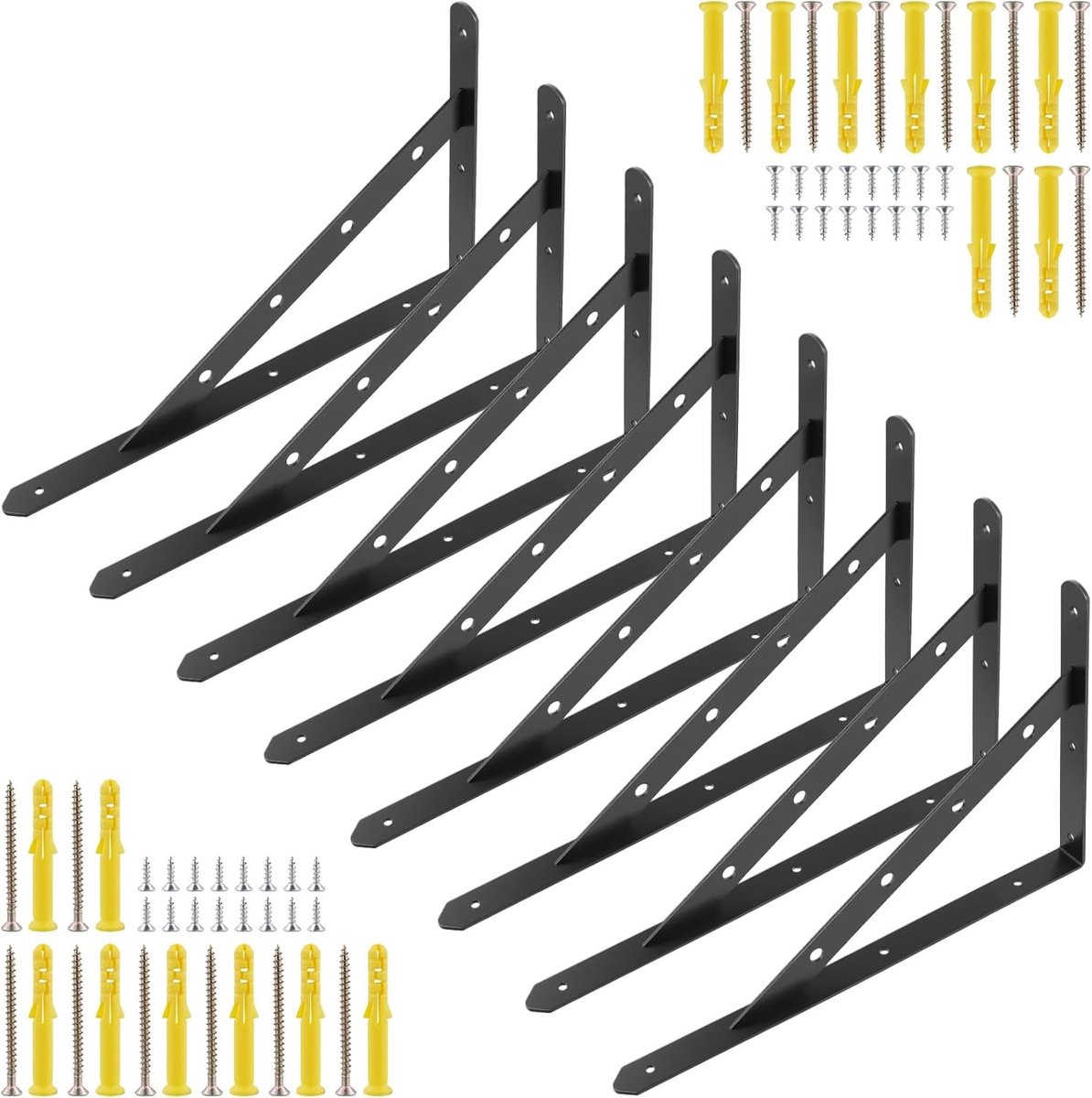 Set van 8 stevige metalen hoeksteunen voor planken, 400 x 250 mm, ideaal voor muurmontage, maximaal 120 kg draagvermogen, perfect voor hoekkasten en opbergruimtes
