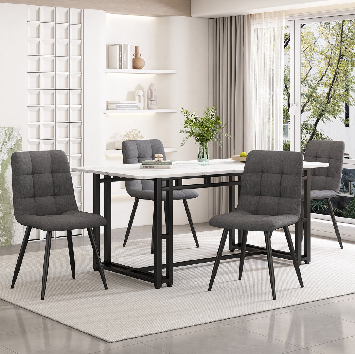 DESMIU Eettafel Set 140x80 Cm - Met 4 Stoelen En Modern Design - Voor Eetkamer En Woonkamer - MDF En Metaal - Grijs Zwart