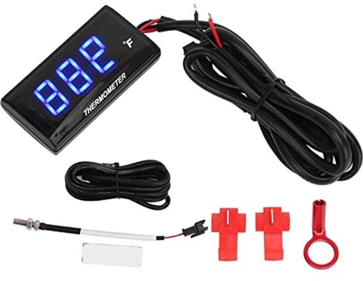 Motorfietsthermometer Digitaal, LCD motorthermometer Ultradunne waterdichte Watertemperatuurmeter met 10 Mm Vonkplugadapter DC12V(Blauw)