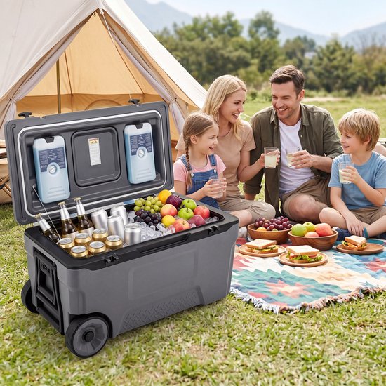 COSTWAY Koelbox, grote thermobox van kunststof met wielen en handgreep, isolatiebox met afvoerstop, bekerhouder en veiligheidssluiting, draagbare koelkast voor camping en picknick van Costway — afbeelding 5