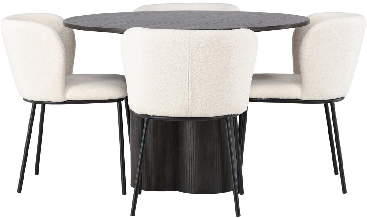 Olivia eethoek eettafel mokka 4 stoelen bouclé wit.