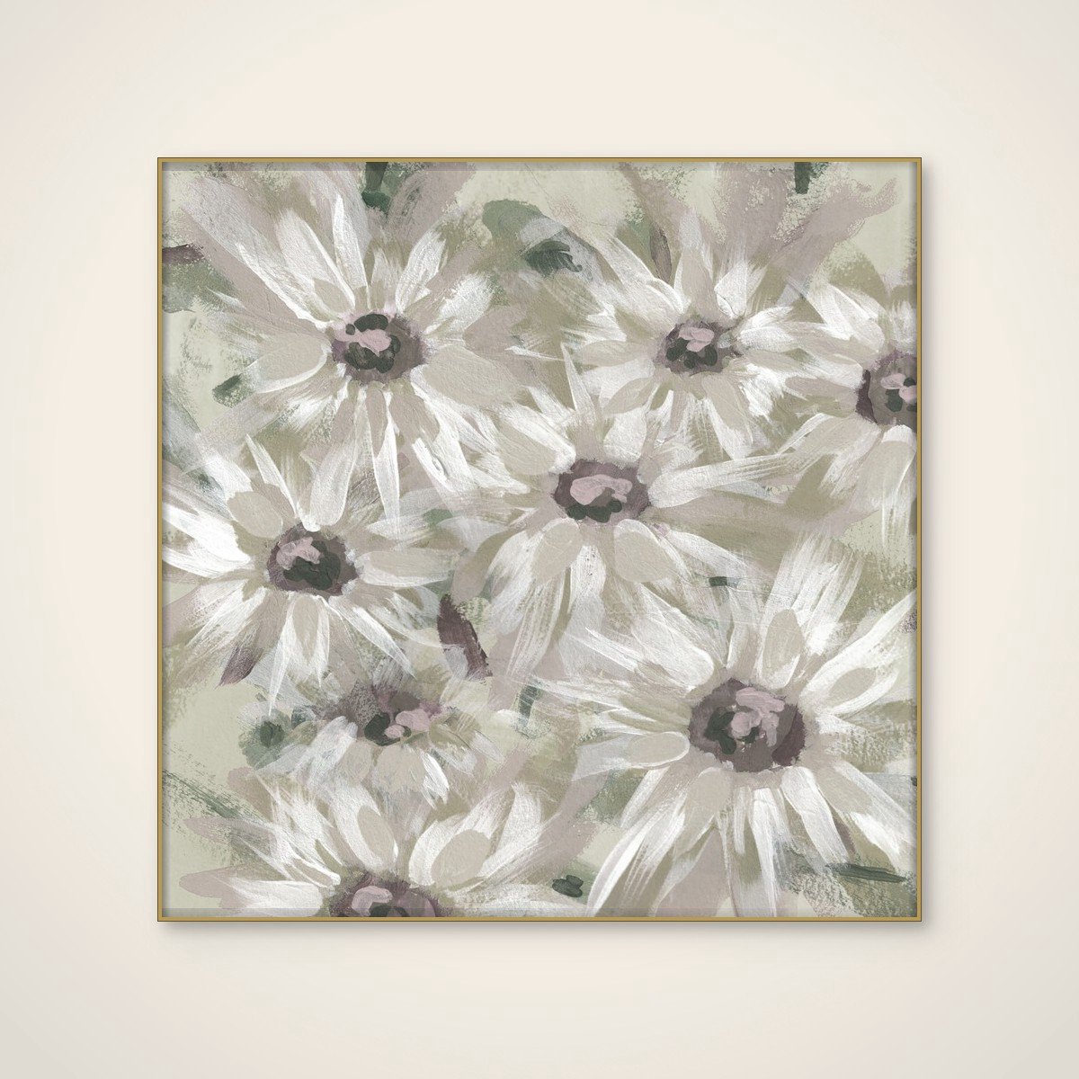 Akoestisch schilderij - 100 x 100 cm - Soft Daisy Blooms van Lori Ann Folz - Botanische wanddecoratie - goud textielframe