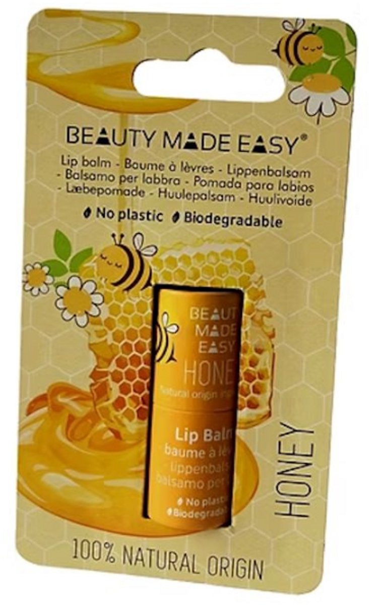 Beauty Made Easy Papertube lipbalm - Honey 6 gram - plasticvrij, dierproefvrij, vegan, zonder siliconen, zonder parabenen, sheaboter